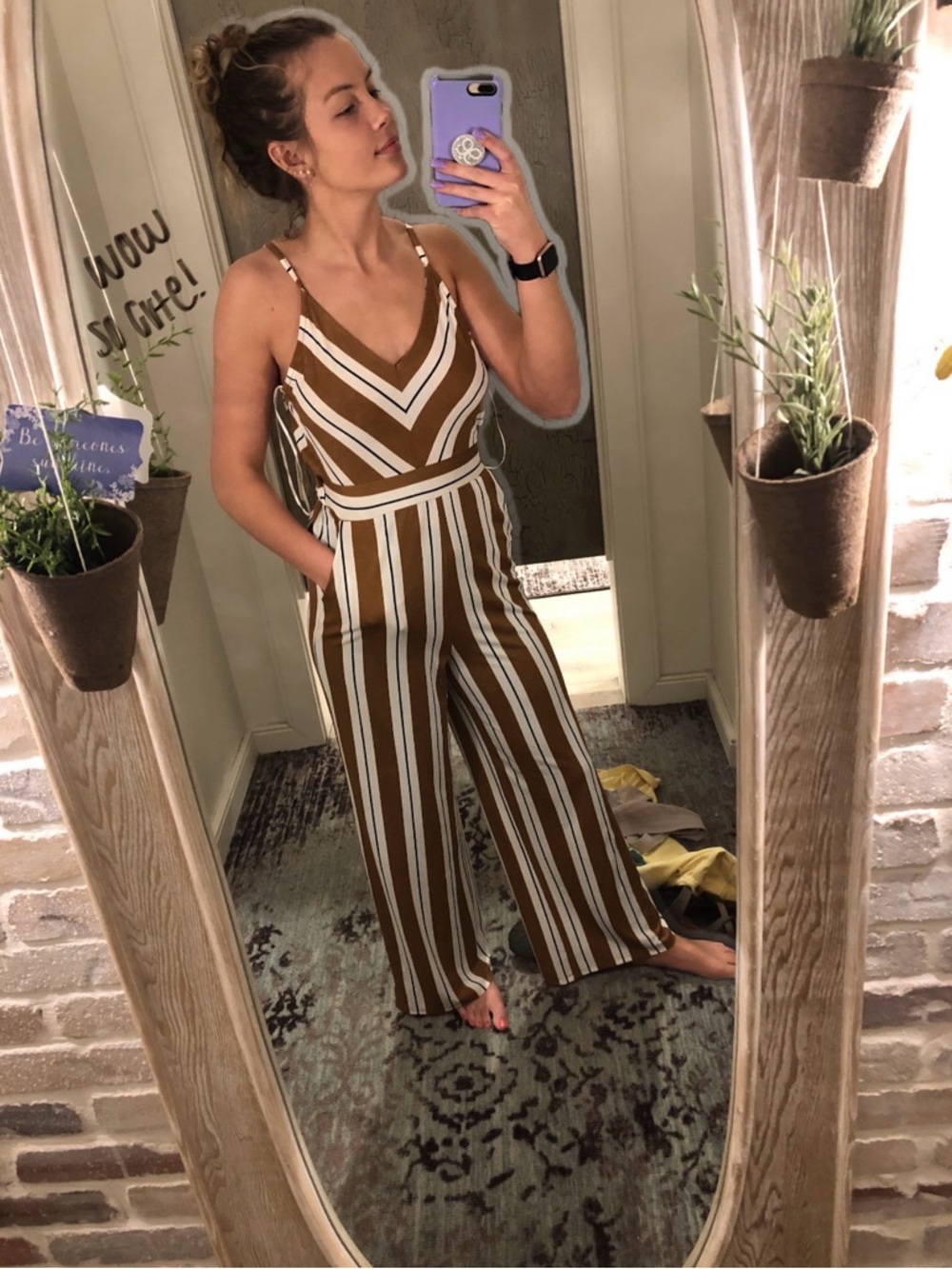 Altar'd State Brown & White Striped Wide-Leg Jumpsuit